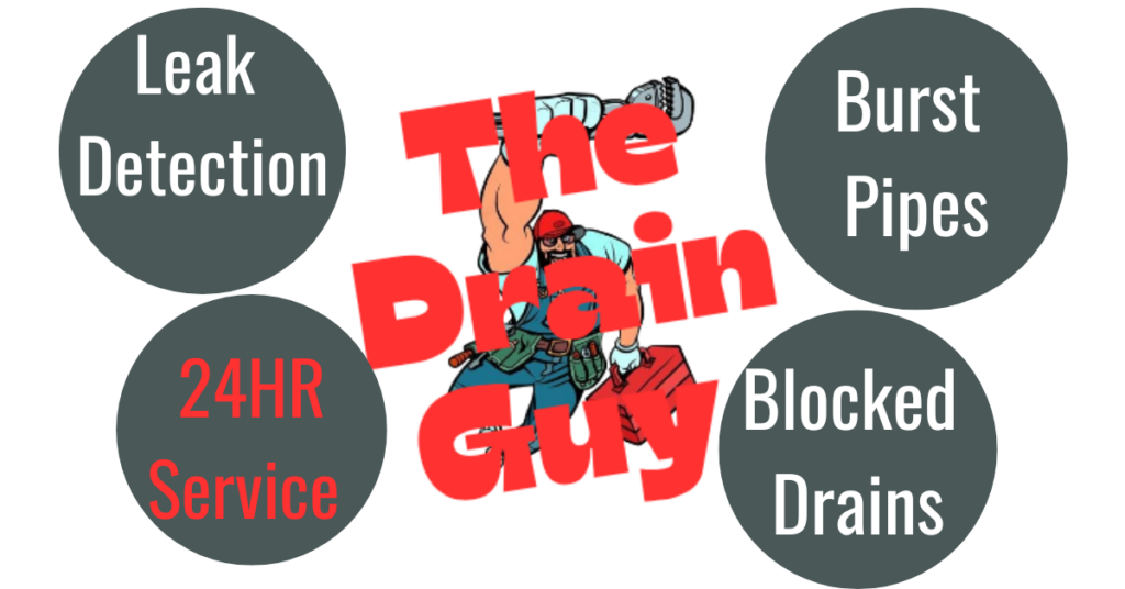 The Drain Guy logo with service icons and 24/7 label